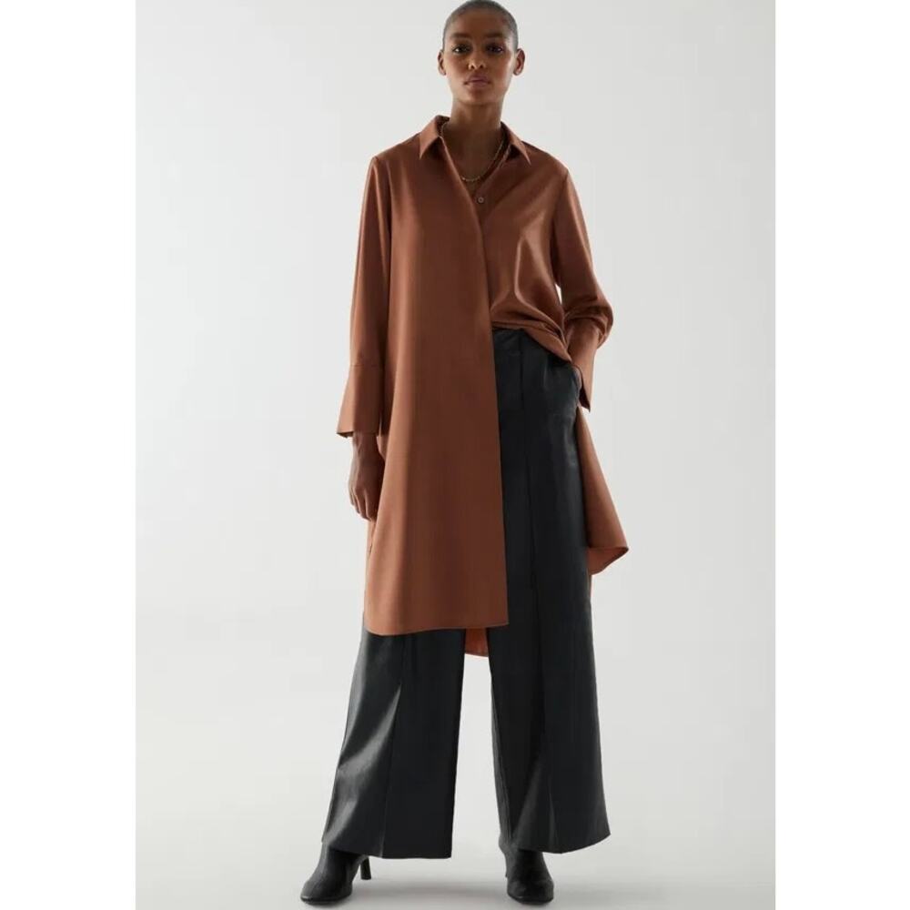 COS Wool Blend A-Line Shirt Dress Rust Brown High-Low Hem Long Sleeve Minimalist